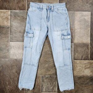 KanCan Cargo Cropped Women's Jeans Size 5/26 Light Wash Frayed Hem Distressed